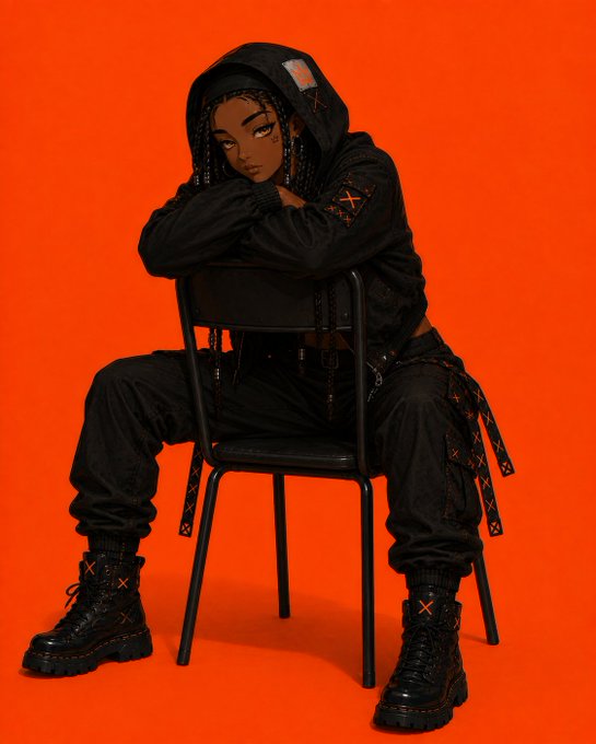 A young woman in all-black streetwear with a hoodie, cargo pants, and combat boots sits on a chair against a vibrant orange background, arms crossed on the backrest.