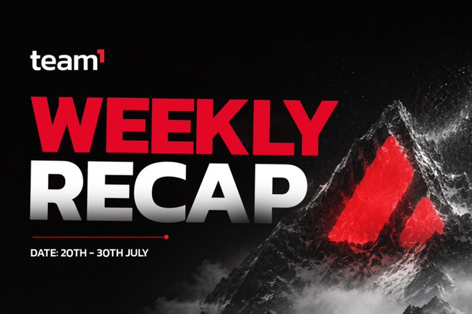 A graphic with the text 'team1 WEEKLY RECAP' and 'DATE: 20TH - 30TH JULY' displayed against a dark mountain background.
