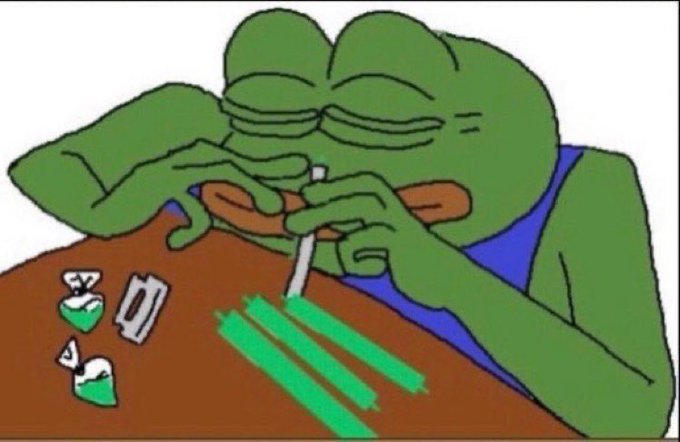 The image depicts the iconic "Kek" Pepe meme, showing the cartoon frog intensely snorting three lines of white powder off a table. It relates to the "gm gamblers" post by humorously symbolizing the reckless, addictive behavior of crypto traders chasing risky bets early in the morning.