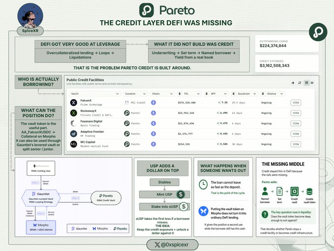 An infographic titled 'THE CREDIT LAYER DEFI WAS MISSING' by Pareto (@0xspicexr), explaining DeFi credit vaults with sections like 'WHO IS ACTUALLY BORROWING?' and 'WHAT CAN THE POSITION DO?' alongside a table of public credit facilities.