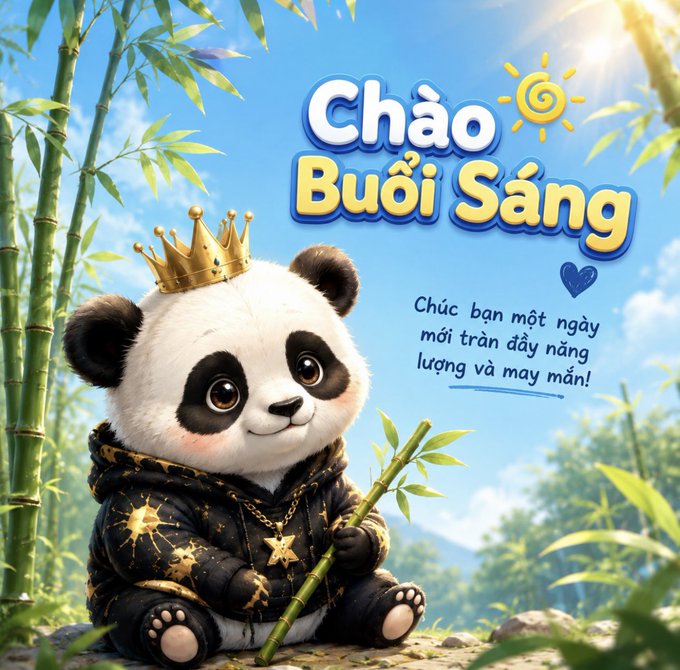 A cute cartoon panda wearing a gold crown and black hoodie holds a bamboo stick in a bamboo forest, accompanied by the Vietnamese greeting 'Chào Buổi Sáng' and a message wishing a bright, lucky day.