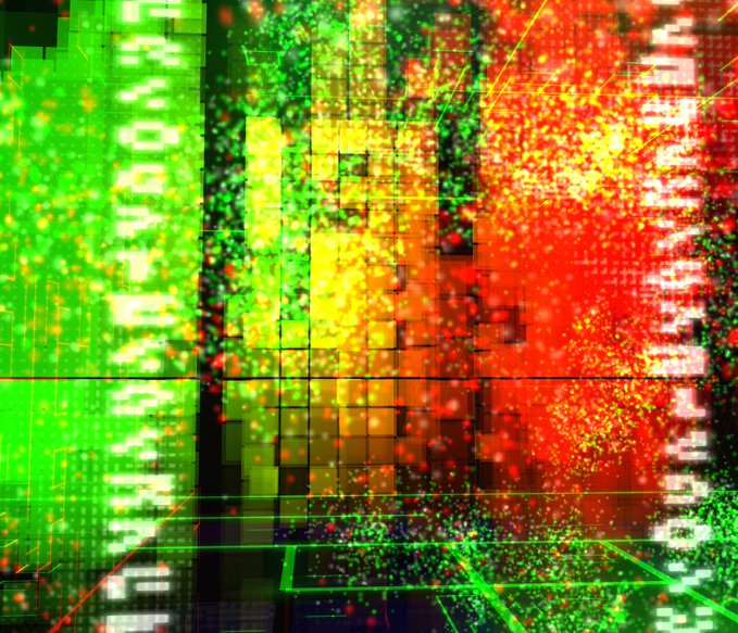 An abstract digital artwork resembling glitch art or LED stock tickers, featuring chaotic splatters and grids of green, yellow, and red pixels.