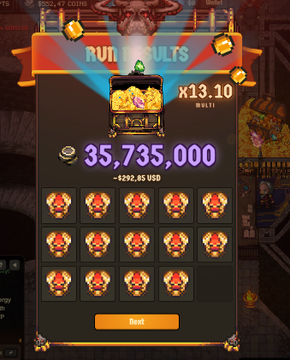A slot machine game results screen displays a payout of 35,735,000 coins (~$292.85 USD) with a x13.10 multiplier and a 'Next' button at the bottom.