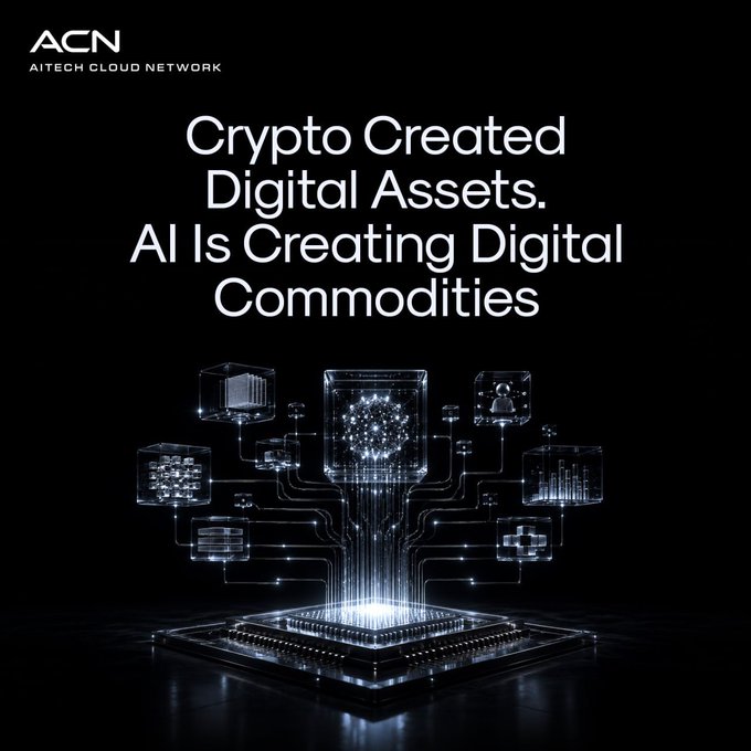 The image features a complex network of lines and shapes arranged like a tree with various shapes attached to its branches - some circles, squares, triangles, and rectangles of different sizes. This intricate visual representation is placed against a dark background. The main text in the image reads "Crypto Created Digital Assets. AI Is Creating Digital Commodities".
