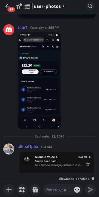 A Discord screenshot showing a 'user-photos' channel with a Silencio Voice AI interface displaying a $12.29 USDC balance and validation rewards, along with a message from 'sTart' and 'alkha1pha'.