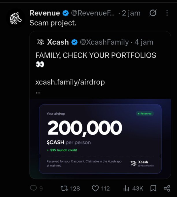 A tweet by Revenue (@RevenueF...) calling out Xcash (@XcashFamily) as a 'Scam project' over a supposed 200,000 $CASH airdrop giveaway.
