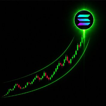 A glowing candlestick chart curves sharply upward toward a Solana logo, visually reinforcing the hopeful plea to "return to Solana" by depicting a strong upward price trend.