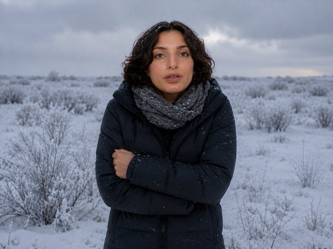 A woman stands in a snowy field wearing a thick black puffer jacket and gray knit scarf, her arms crossed as she looks off to the side with a contemplative expression. The image's wintry, isolated setting visually echoes the post's joke about an "InfoFi guru" being left out in the cold after a misguided pivot to an Ansem bull post.