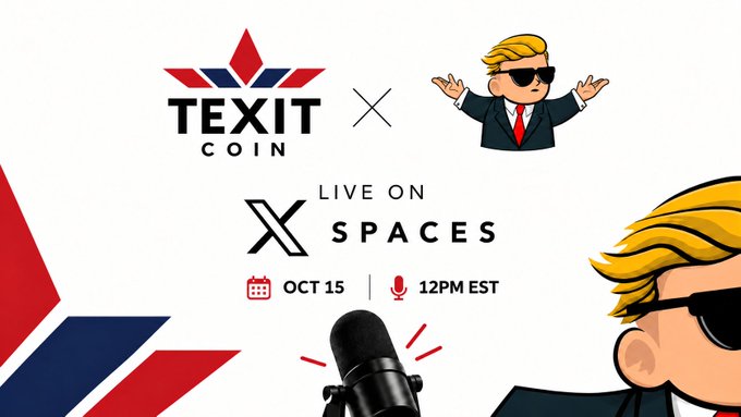 A stylized promotional graphic announces a TEXIT Coin live X Spaces conversation featuring a cartoon figure with blonde hair and sunglasses, scheduled for October 15 at 12PM EST. The image ties to the post by visually teasing the upcoming debate on whether cryptocurrencies qualify as securities—a longstanding point of contention in the crypto space.