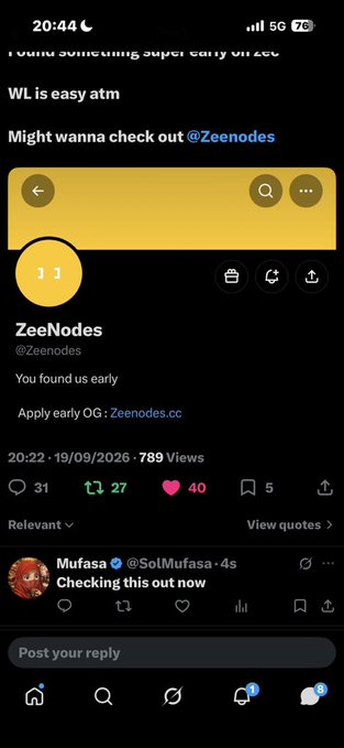 A Twitter/X post showing a screenshot of the ZeeNodes profile with the caption 'I found something super early on Ze... WL is easy atm Might wanna check out @Zeenodes'.