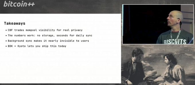 The image shows a presentation slide titled "bitcoin++" with a "Takeaways" section listing key points about Compact Block Filters (CBF), including that CBF trades mempool visibility for real privacy, requires no storage, sync daily in seconds, has nearly invisible background sync for users, and notes that BDK + Kyoto enables shipping today. The slide is paired with images of the speaker giving the talk at btc++, relating to the post about thunderB__'s presentation on Compact Block Filters at the btc++ conference.