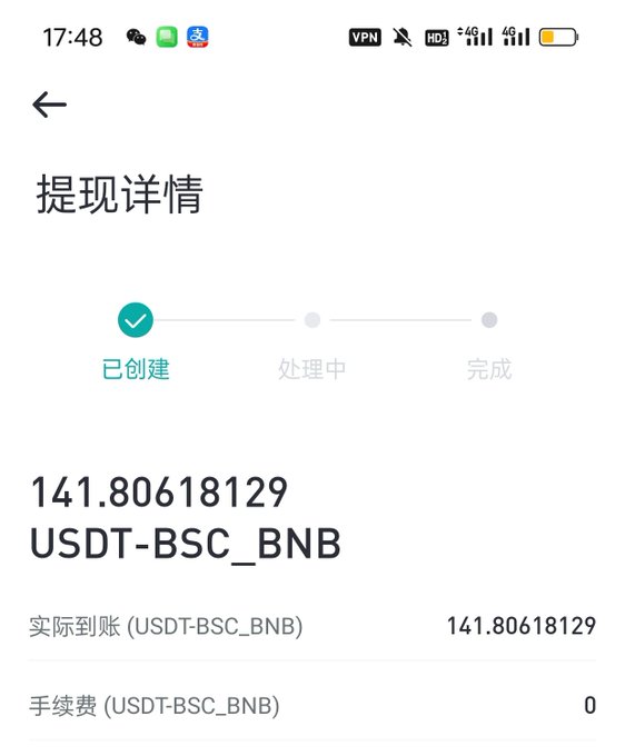 The image shows a withdrawal details screen displaying a transaction of 141.80618129 USDT-BSC_BNB in "Created" status, with 0 fee and the same amount listed as "Actual received." This frozen pending withdrawal illustrates the user's frustration about exchanges seizing funds, as the funds remain stuck in "Processing" status rather than being released, suggesting the platform may be holding the money indefinitely.