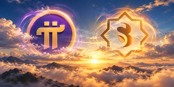Digital artwork showing cryptocurrency logos (Pi Network and a star-shaped token) floating above clouds at sunset.