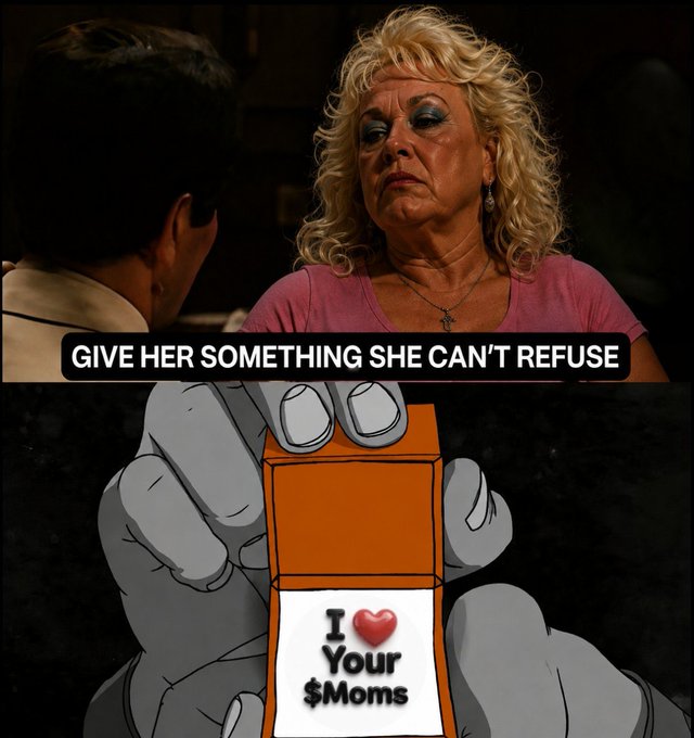 A two-panel meme: the top shows a scene from The Godfather with the caption 'GIVE HER SOMETHING SHE CAN'T REFUSE', and the bottom shows a cartoon hand holding a box labeled 'I ❤️ Your $Moms'.