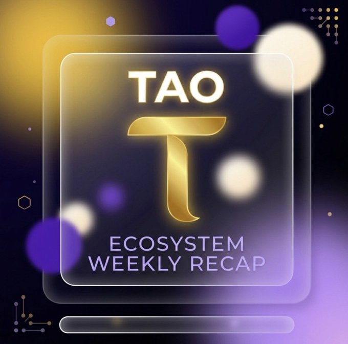 A digital graphic with a dark purple and gold bokeh background featuring the 'TAO' logo and text reading 'ECOSYSTEM WEEKLY RECAP' within a translucent rounded square.