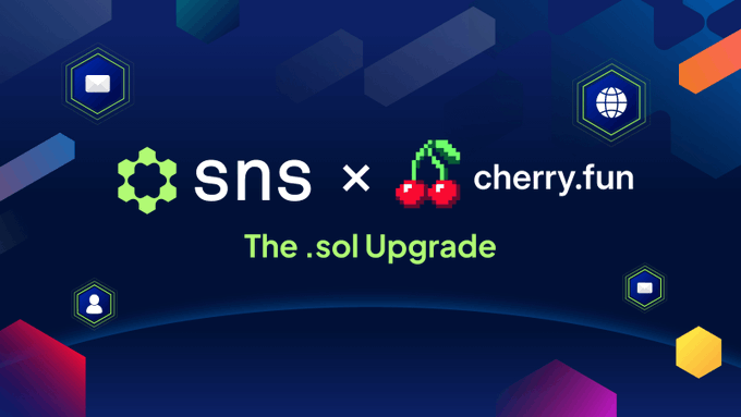 A promotional banner announcing 'SNS x cherry.fun' partnership with the text 'The .sol Upgrade' displayed against a dark blue background with hexagonal icons.
