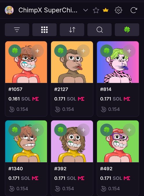 A screenshot of the ChimpX SuperChi... NFT marketplace showing a grid of six cartoon chimpanzee NFT listings (#1057, #2127, #814, #1340, #392, #492) with prices in SOL.