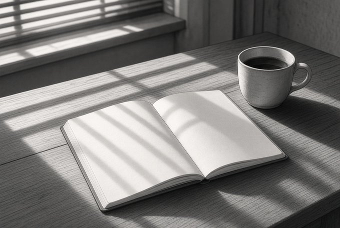 A black and white photo of an open blank book on a wooden desk next to a cup of coffee, illuminated by sunlight streaming through window blinds.