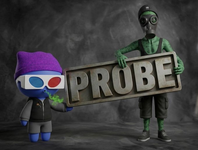 Two stylized figurines - a small blue character wearing 3D glasses and a purple beanie, and a taller green-skinned figure in a gas mask holding a sign that reads 'PROBE'.