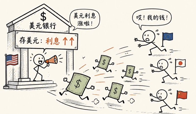 A cartoon shows a US dollar bank announcing rising interest rates, with dollar bills flying away while stick figures representing the EU, Japan, and China run after them crying out about losing their money.