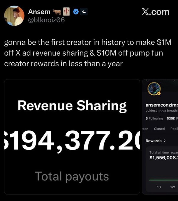 An X post by Ansem (@blknoiz06) claims he will be the first creator to make $1M off X ad revenue sharing & $10M off pump fun creator rewards, showing a revenue sharing total payout of $194,377.20.