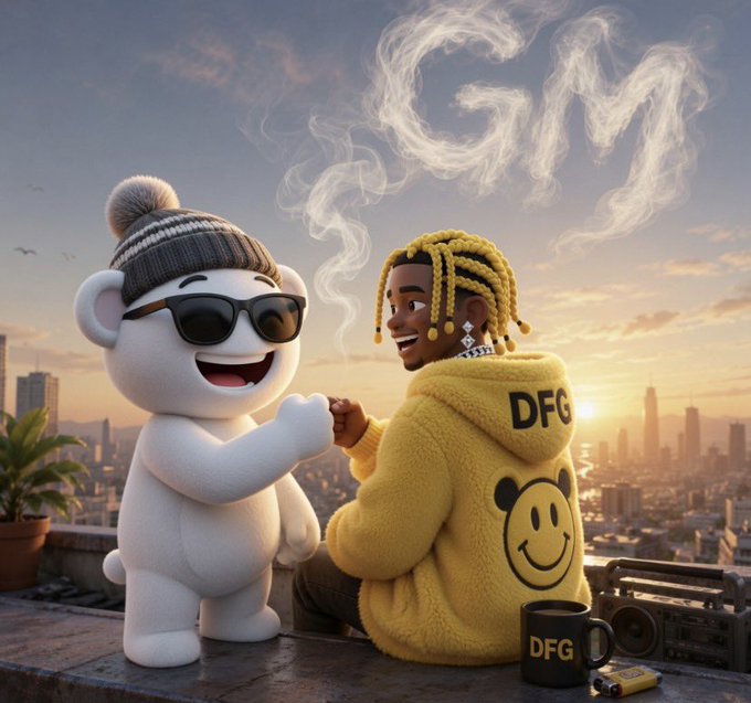 A 3D-rendered scene showing a character with yellow dreadlocks and a 'DFG' jacket sitting on a rooftop next to a white cartoon mascot wearing sunglasses, with 'DFG' spelled out in smoke in the sky.