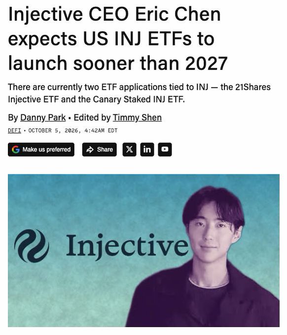 A news article headline reading 'Injective CEO Eric Chen expects US INJ ETFs to launch sooner than 2027' by Danny Park, with a photo of a young man next to the Injective logo.