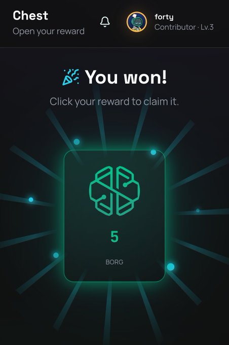 A mobile app screen showing 'You won!' with a reward of '5 BORG' tokens for user 'forty'.