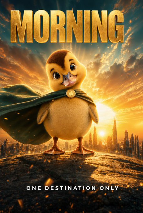 A movie poster-style image of a baby duck wearing a green superhero cape, with the title 'MORNING' and tagline 'ONE DESTINATION ONLY' against a sunset cityscape.