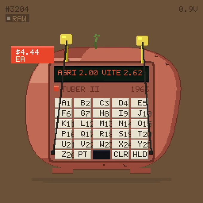 A pixel art device labeled 'TUBER II 1968' displaying 'AGRI 2.00 VITE 2.62' with an alphabetic keypad and a price tag of '$4.44 EA'.