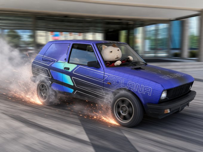 A creative 3D render of a blue car with 'SOLANA' branding being driven by a Shiba Inu dog character, with sparks flying from the wheels as it drifts.
