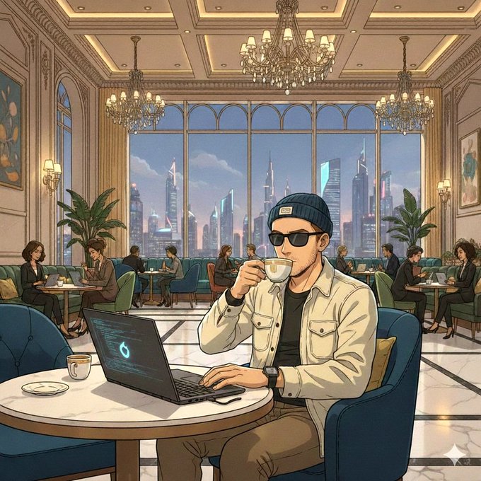 An anime-style illustration of a man in a beanie and sunglasses drinking coffee while using a laptop in a luxurious cafe overlooking a city skyline.