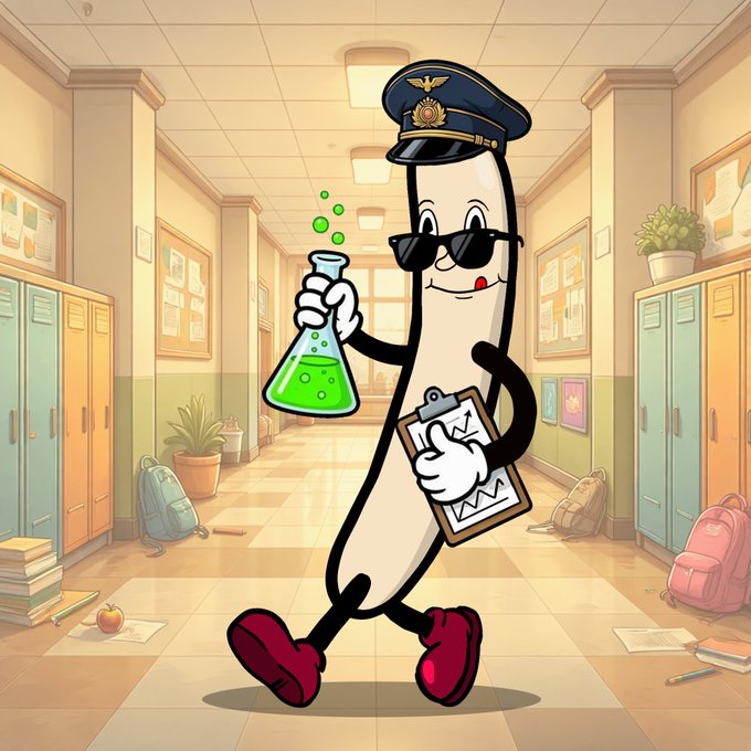 A cartoon illustration of a pill-shaped character wearing a police-style cap and sunglasses, walking down a school hallway while holding a flask of green liquid in one hand and a clipboard in the other.