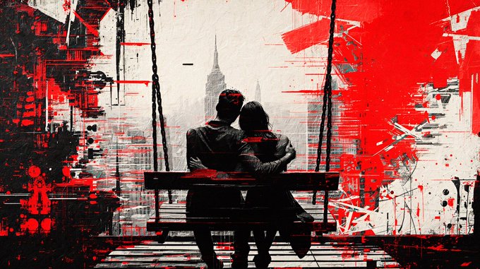 A stylized red and black artwork showing the silhouettes of a couple sitting together on a bench overlooking a city skyline with skyscrapers, rendered in a paint-splatter aesthetic.