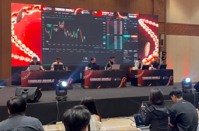 A trading tournament setup labeled 'TRADERS ROUALE' with 'DERIBIT' and 'ASTER' logos visible, showing multiple monitors displaying trading charts and market data behind contestants at laptops, with an audience watching.