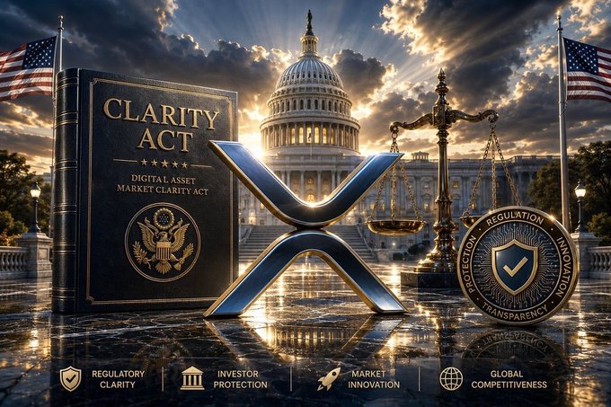 A promotional graphic featuring the XRP logo, the US Capitol building, scales of justice, and a book titled 'CLARITY ACT,' highlighting themes of regulation and digital assets.