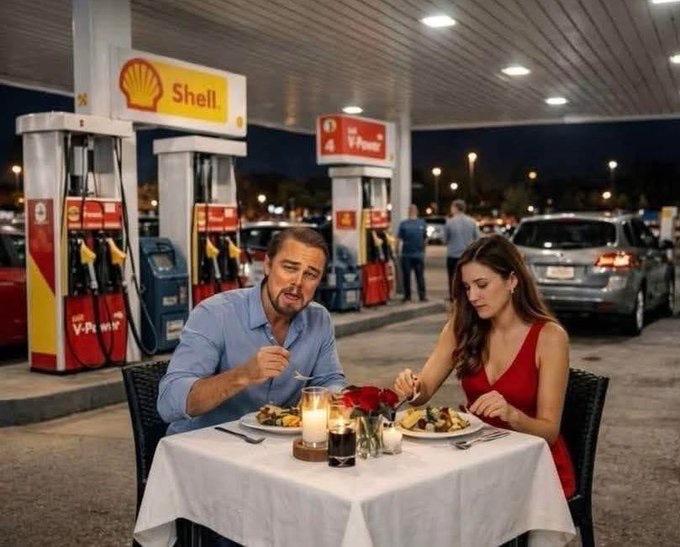 An AI-generated or staged photo showing a couple having a candlelit dinner at a table with a white tablecloth at a Shell gas station at night, with pumps and other customers in the background.