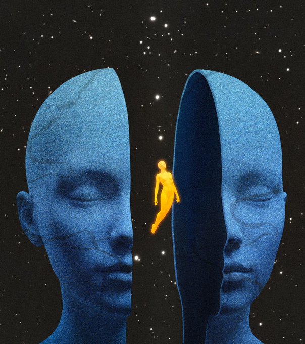 A surreal digital illustration depicting a large, serene blue face split in half against a starry night sky, with a glowing orange humanoid figure floating in the space between the two halves.