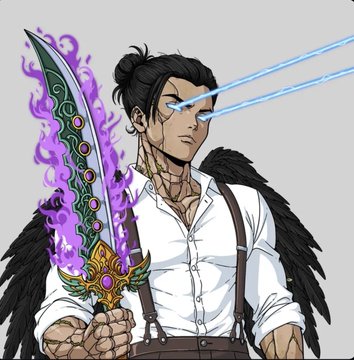 An anime-style illustration of a man with dark hair tied back, holding a large ornate sword with purple flame-like aura, wearing a white shirt with suspenders and black feathered cape.