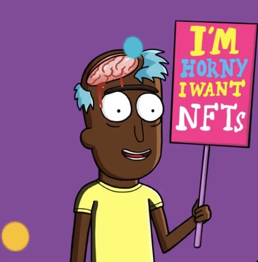 The image features a cartoon character, possibly a man or a boy, holding a sign that reads "I'm HONNY I WANTS NFTS" against a purple background. The text on the sign is written in white letters with blue accents. The caption of the image includes the words "pick up a @GodHatesNFTees OG and ride with us!!!". This suggests that there might be an event or promotion related to the character, possibly involving NFTs (Digital Artwork Certificates) or a specific gaming platform.