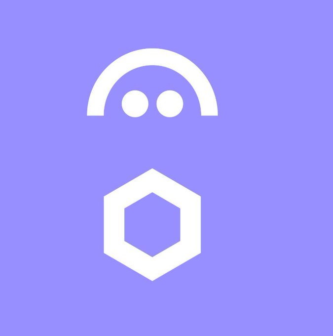 Minimalist graphic featuring a white abstract face/robot design and a white hexagon outline on a purple background.