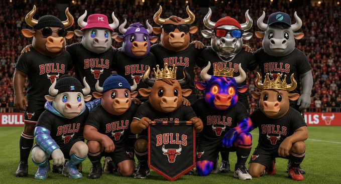 An AI-generated image of a Chicago Bulls basketball team consisting entirely of anthropomorphic bulls and cow mascots wearing Bulls jerseys and posing for a team photo.