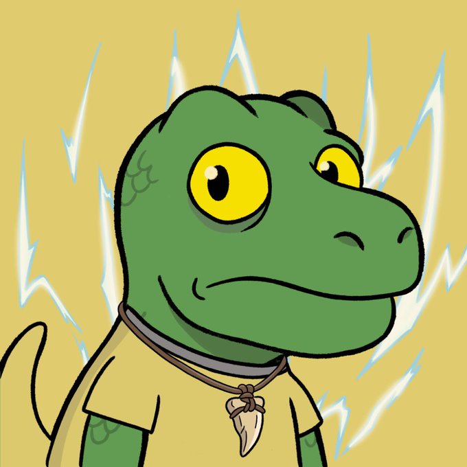 A cartoon illustration of a green lizard-like character with large yellow eyes, wearing a tan shirt and a necklace with a tooth or claw pendant, set against a tan background with white lightning bolts.