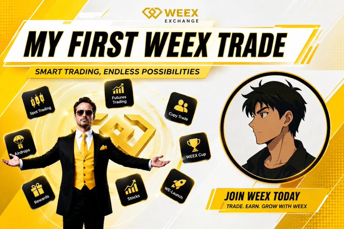 The image is a promotional banner for WEEX Exchange featuring the headline "MY FIRST WEEX TRADE" with the tagline "SMART TRADING, ENDLESS POSSIBILITIES," showcasing a man in a yellow vest and sunglasses surrounded by icons representing features like Spot Trading, Futures Trading, Copy Trade, Airdrops, Rewards, Stocks, WE-Launch, and WEEX Cup, alongside an anime-style character portrait and a "JOIN WEEX TODAY" call-to-action. The banner visually reinforces the post's positive impression of WEEX by highlighting the platform's wide range of organized trading features all accessible in one place.