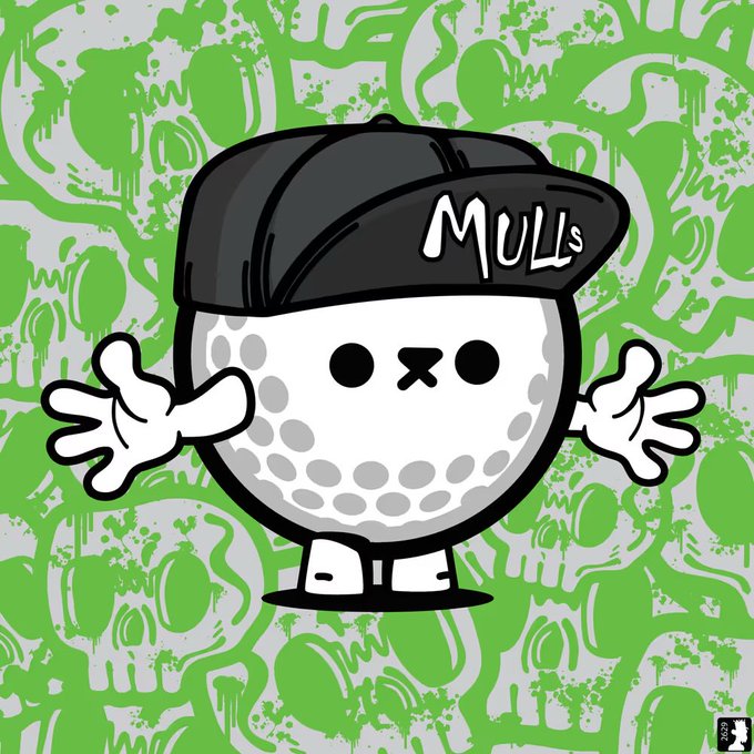 A cartoon character resembling a golf ball wearing a black cap with 'MULLs' written on it, set against a green and white graffiti-style background.
