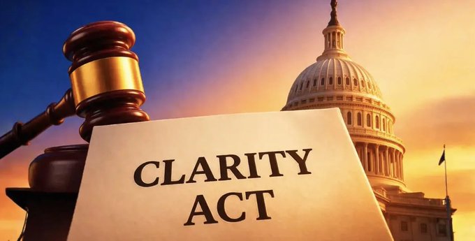 A wooden gavel rests beside a document labeled "CLARITY ACT" in front of the U.S. Capitol dome, symbolizing the crypto market structure bill's stalled journey as the Senate prioritizes spending bills over adding H.R. 3633 to its official agenda.