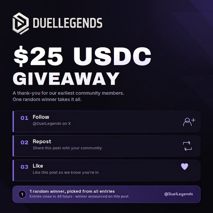 The image is a promotional graphic for a "DuelLegends" $25 USDC giveaway, listing three entry steps—follow @DuelLegends on X, repost, and like—with one random winner selected from all entries within 48 hours. The graphic visually reinforces the accompanying post's giveaway announcement by providing a clear, branded infographic of the participation rules.