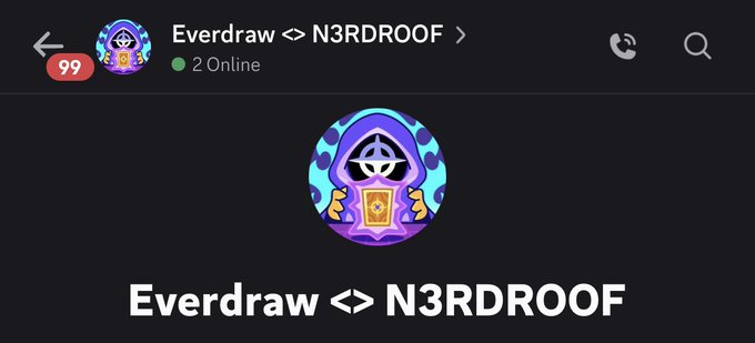 A social media or messaging group header titled "Everdraw ⇔ N3RDRO0F" showing 2 Online, featuring a purple and blue hooded figure with an anarchy symbol.