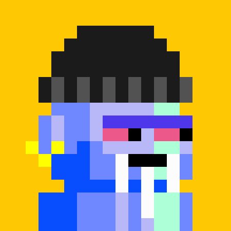 A pixel art illustration on a yellow background depicting a blue-skinned character with a black hat, pink visor, and skeletal grin.