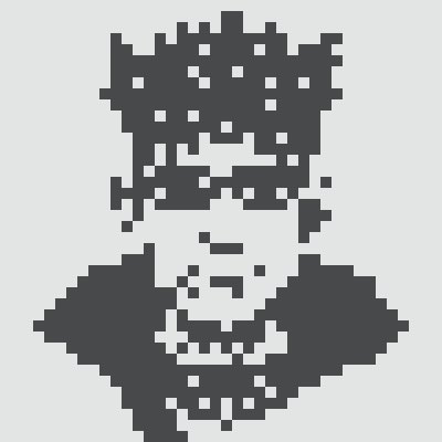 A pixelated black-and-white portrait of a person with short hair and a serious expression.